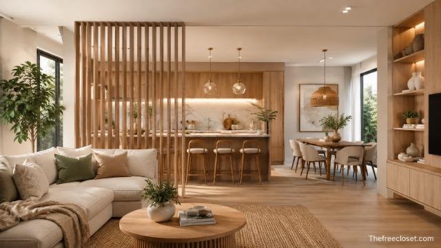 Modern open-plan kitchen and living room separated by a wooden slatted divider.