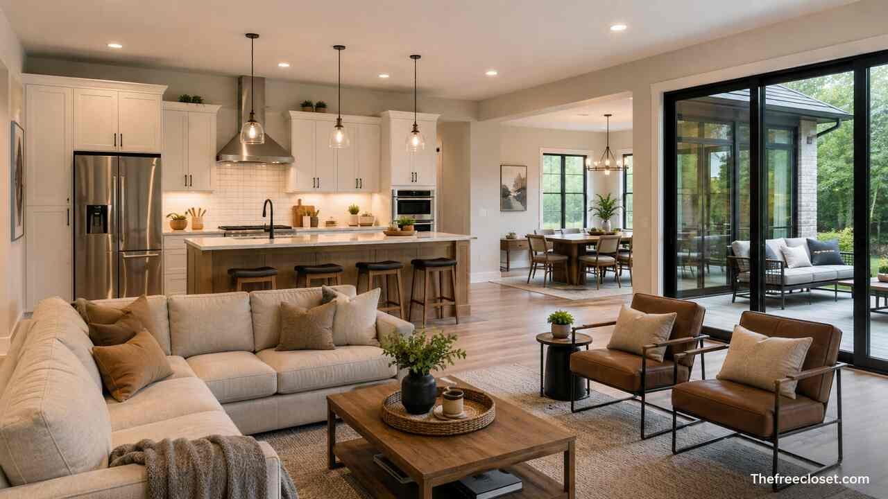 Modern open concept kitchen living room with spacious layout and stylish interior design.