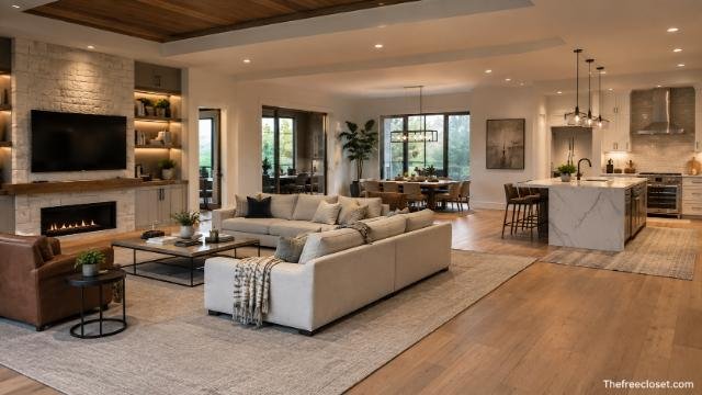 Open-concept living room with separate zones defined by furniture and rugs.