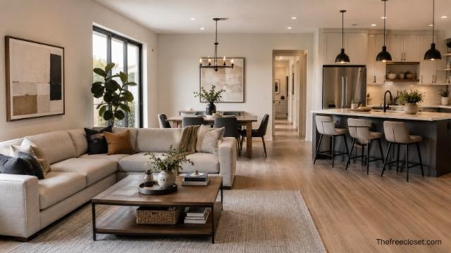 Modern open-concept living room with modular sectional, dining table, and kitchen island.