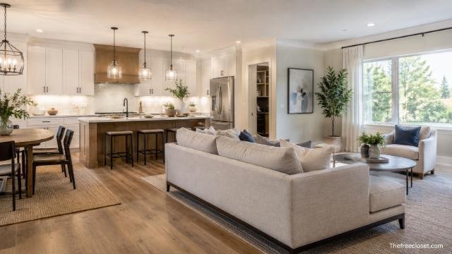 Natural separation between kitchen and living room in an open-concept home
