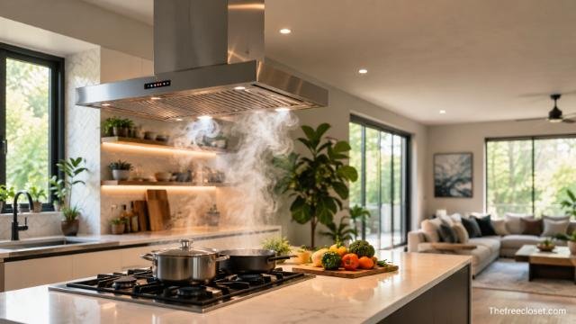 Modern open kitchen with range hood improving ventilation and air quality.