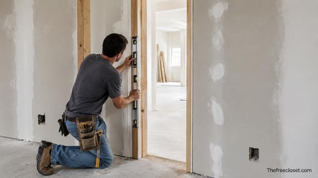 Contractor checking door jamb alignment before installation