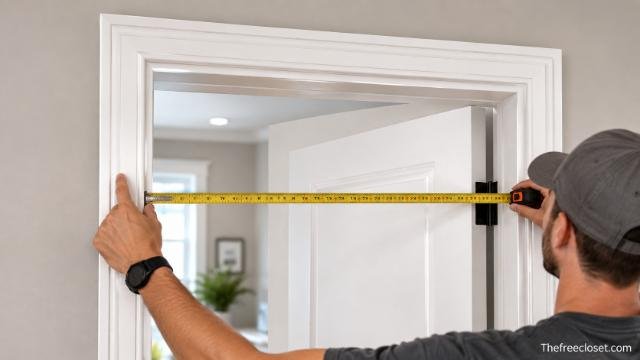 Installer measuring modern door trim for precise installation around an interior doorway.