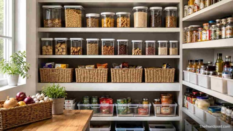 Organized pantry with clear containers, baskets, and visible food storage