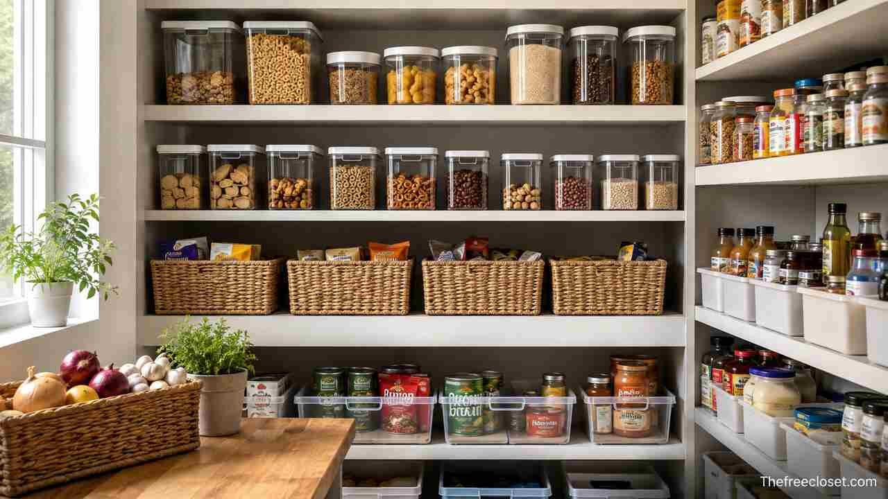 Organized pantry with clear containers, baskets, and visible food storage