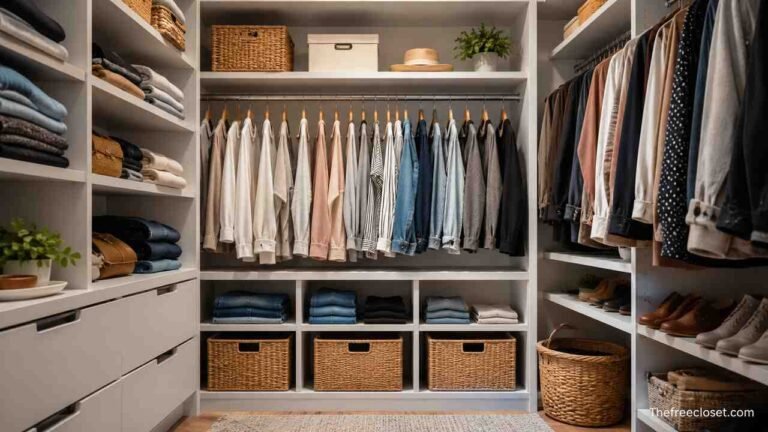 Organized closet with clothes, shelves, baskets, and shoe storage