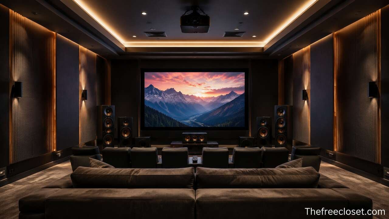 Modern home theater setup with surround sound and screen