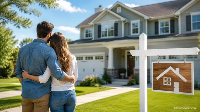 Couple buying a home in front of a modern house