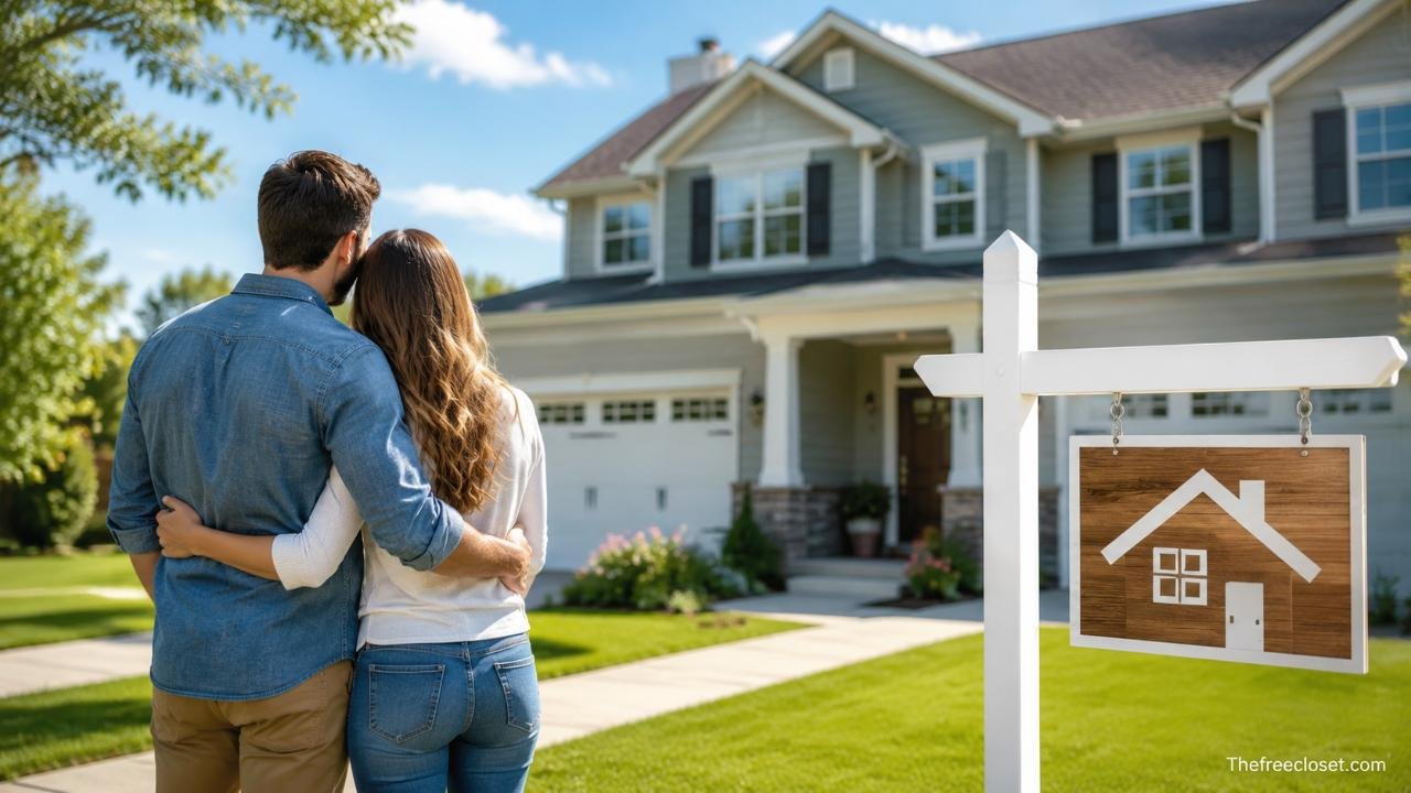 Couple buying a home in front of a modern house