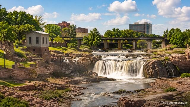 Falls Park waterfall surrounded by rocky cliffs, green trees, walking paths, and city buildings.