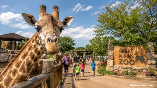 Giraffe near visitors at Great Plains Zoo on a sunny day.