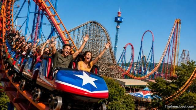 Riders enjoying a thrilling roller coaster at Six Flags Over Texas.