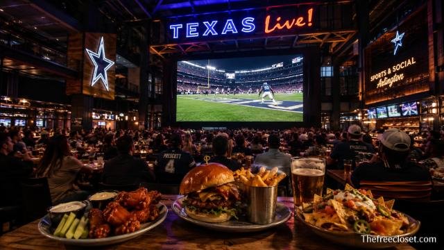 Texas Live sports bar with game-day food and fans watching football on a large screen.