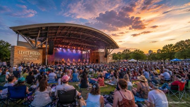 Free music concert at Levitt Pavilion Arlington with a large crowd enjoying an outdoor live performance.