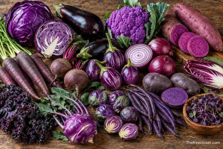 18 colorful purple vegetables including cabbage, eggplant, cauliflower, beets, onions, and potatoes