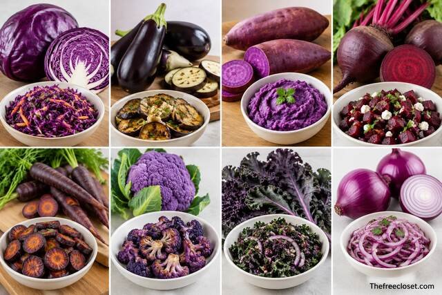 Popular purple vegetables including cabbage, eggplant, sweet potatoes, beets, carrots, cauliflower, kale, and red onions.