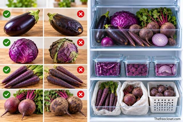 Fresh and spoiled purple vegetables compared with proper refrigerator storage.