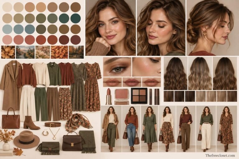 Soft Autumn color palette, clothing, makeup, hair colors, and outfit inspiration.