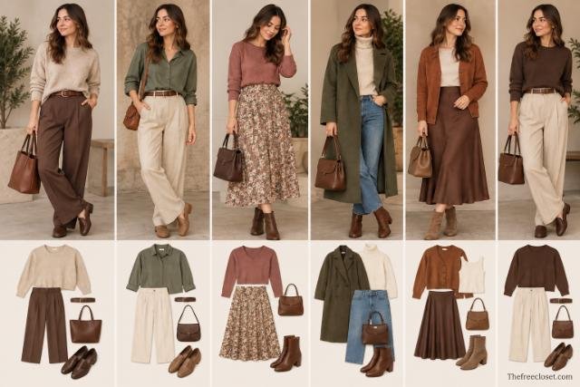 Soft Autumn outfit combinations featuring warm neutral, olive, rust, cream, and brown clothing for women.