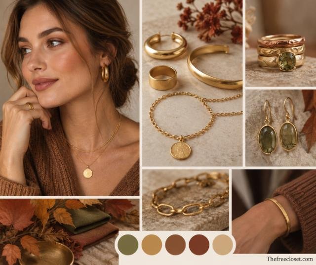 Best metals and jewelry for Soft Autumn featuring warm gold jewelry, olive gemstones, and muted autumn tones.