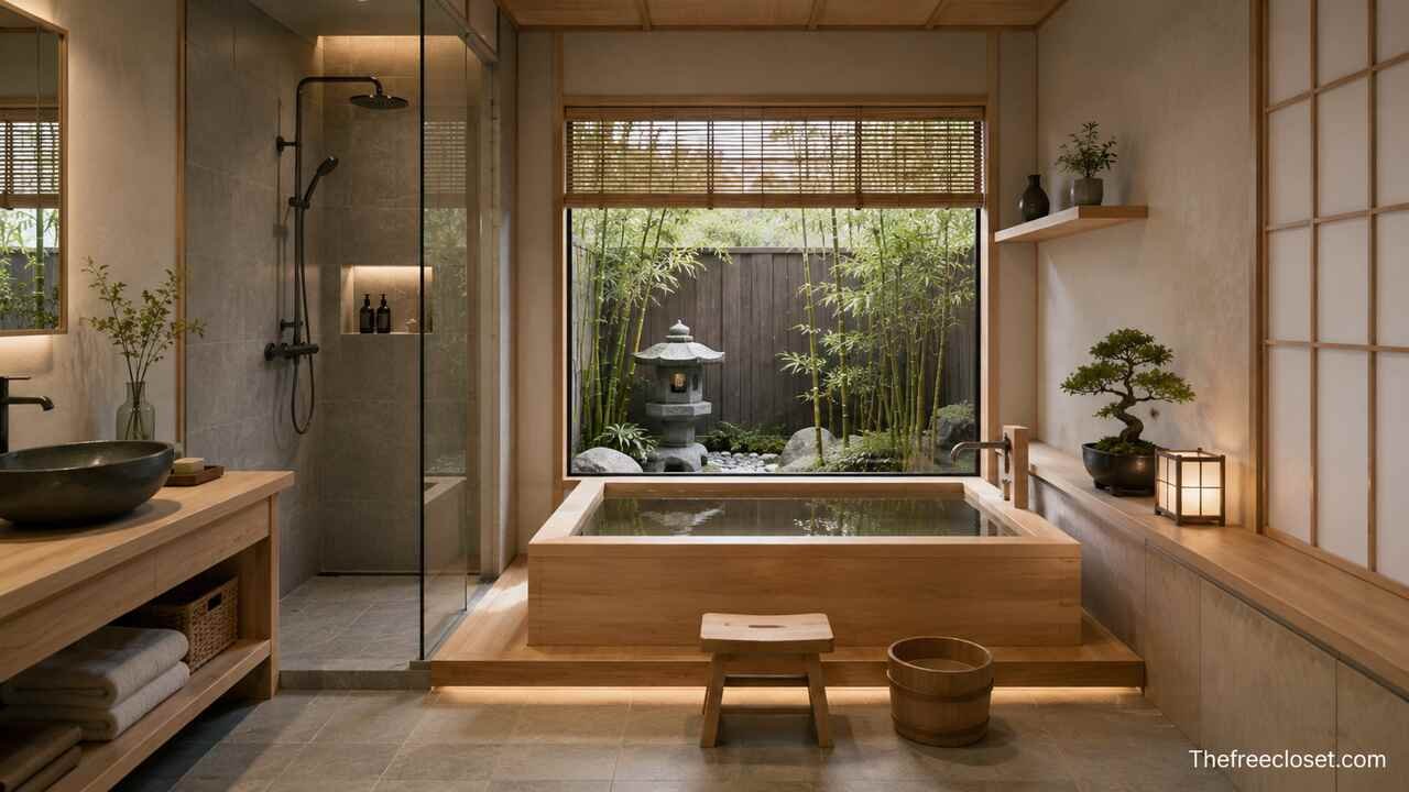 Japanese bathroom design with wooden soaking tub and Zen décor