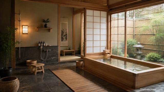 Traditional Japanese bathroom with a wooden soaking tub, stone floor, shoji windows, and a peaceful bamboo garden view.
