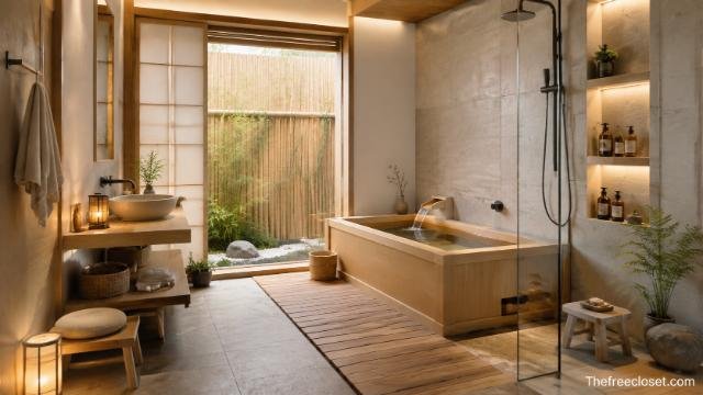 Japanese-style bathroom with a wooden soaking tub, stone details, plants, and warm natural lighting.