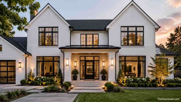 White house with black windows and modern exterior design