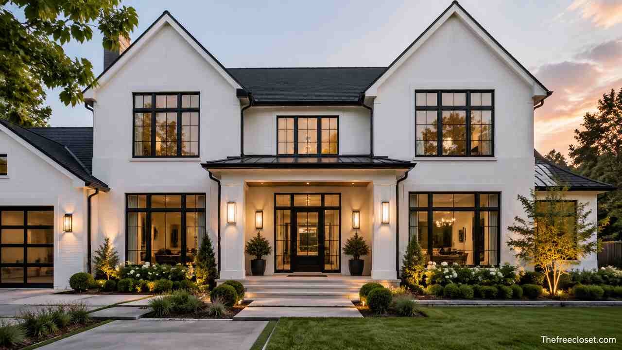White house with black windows and modern exterior design