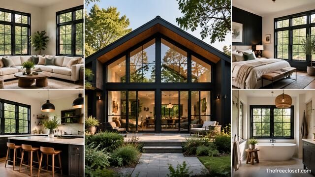 Modern home designs featuring stylish black-framed windows in living room, bedroom, kitchen, and exterior spaces.