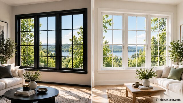 Black windows vs white windows in a modern living room with large framed windows overlooking a green landscape.