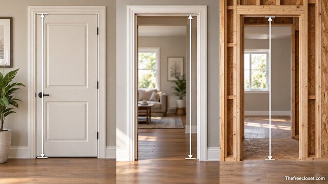 Door height, door frame height, and rough opening height comparison with measurement arrows.