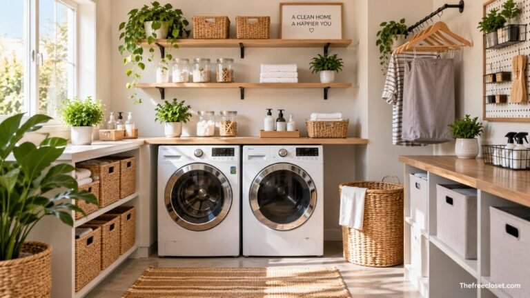 Organized laundry room with practical storage ideas and efficient shelving
