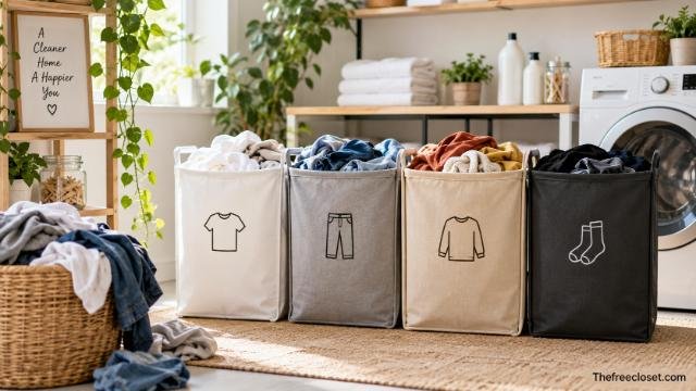 Organized dirty laundry sorting system with four hampers in a bright laundry room.