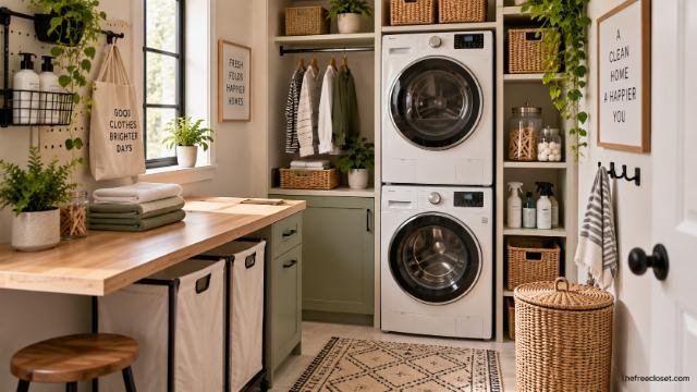 Small laundry room with stacked washer and dryer, smart storage, shelves, utility sink, and space-saving organization.