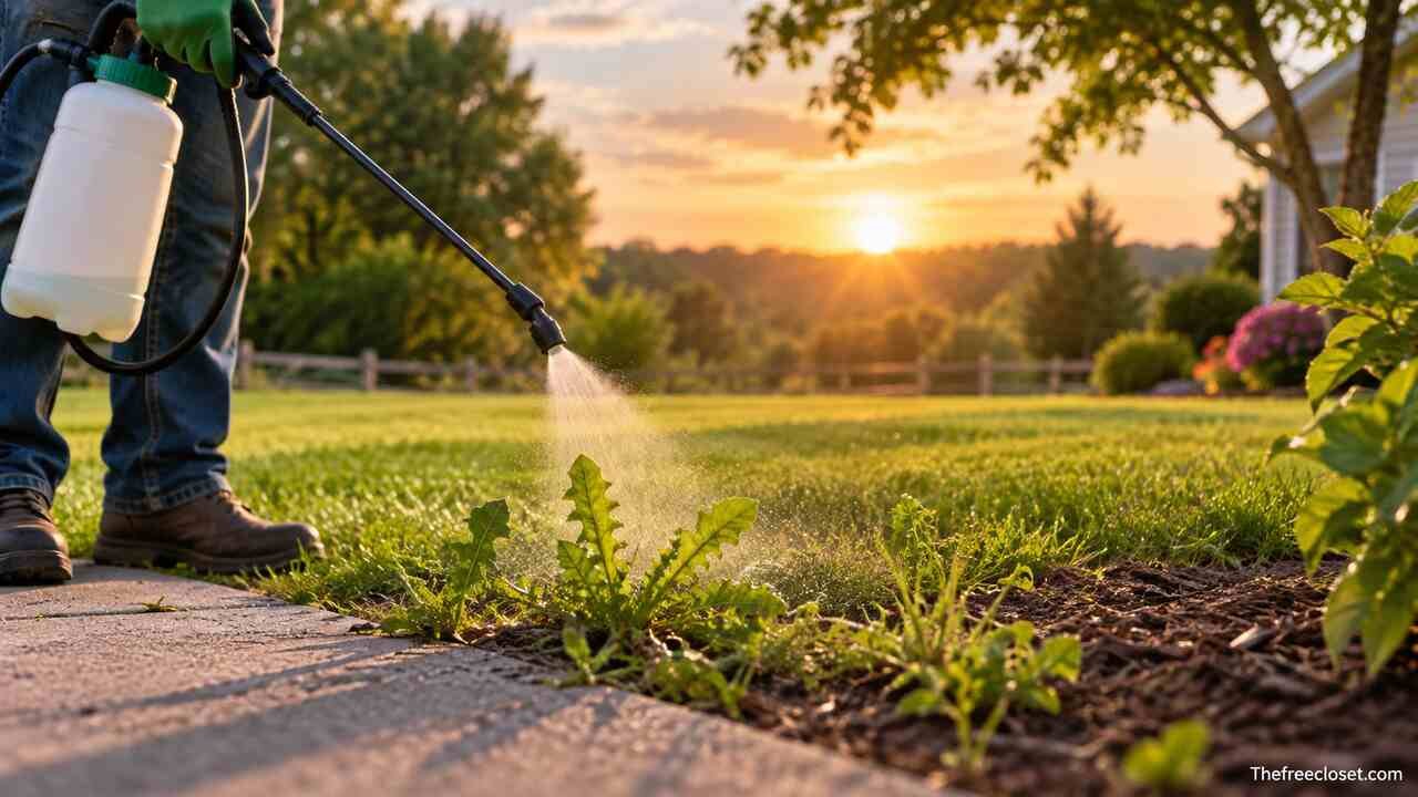 Gardener spraying weed killer on lawn weeds at the best time of day