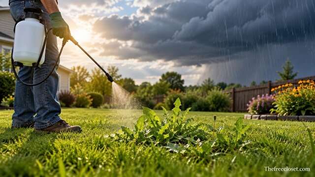 Person spraying weed killer on a lawn as dark rain clouds approach.