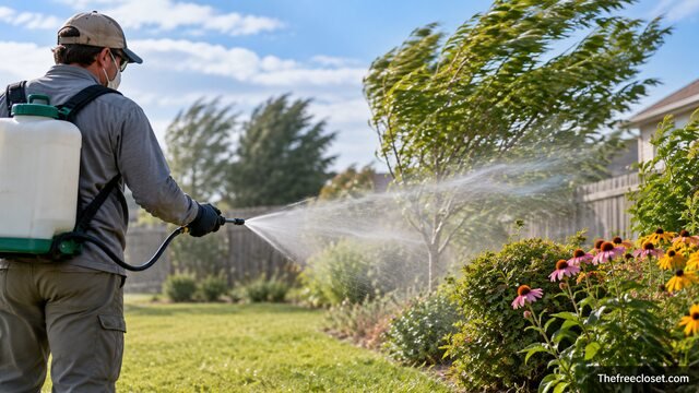Person spraying weed killer in a windy backyard as mist drifts toward nearby flowers and shrubs.